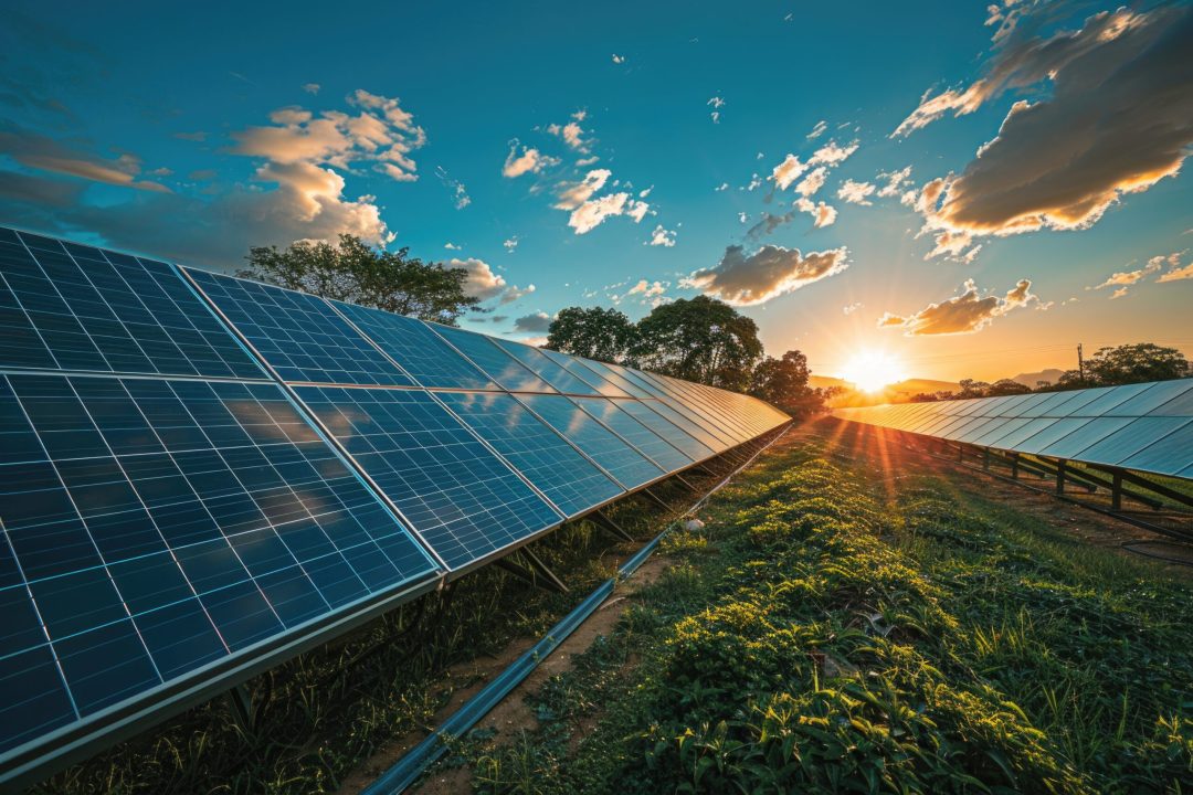 Solar Panels Harvesting Energy at Sunrise in a Renewable Green Energy Farm.