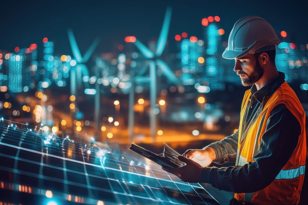 A worker examines solar panels at night, highlighting renewable energy efforts.